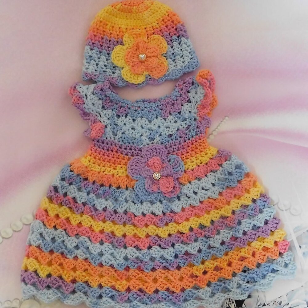 Crochet Baby Dress Handmade, Fits 0-3 Month, Baby Shower Gift, Flower Dress
